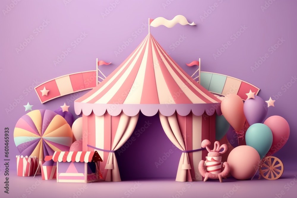 Circus tent and balloons on purple background. Generative AI Circus tent and balloons on purple background. Generative AI