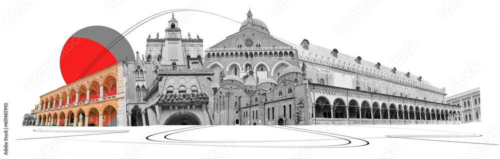 Art collage or design of buildings of Padua Italy. Palazzo, historical building