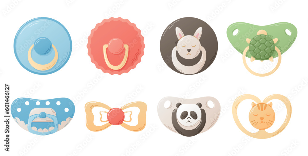 Set of baby boy and girl funny flat pacifiers for sucking. Collection of vector cartoon isolated design elements. Set of baby boy and girl funny flat pacifiers for sucking. Collection of vector cartoon isolated design elements.