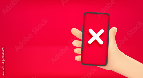Hand holding smartphone with white cross. Vector banner with copy space