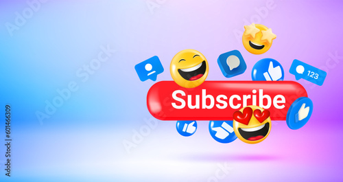 Social media icons and emoji and Subscribe button.Vector 3d banner with copy space