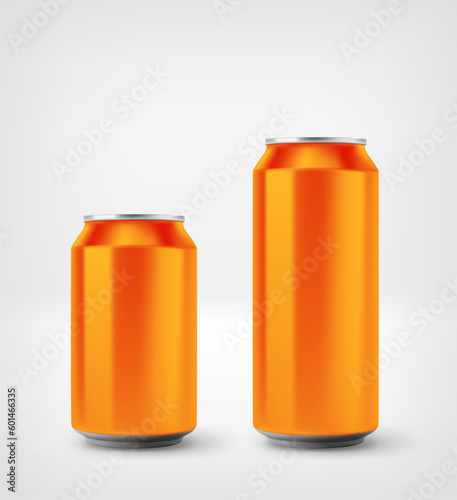 Orange aluminium cans mockup isolated on white background. 3d vector illustration