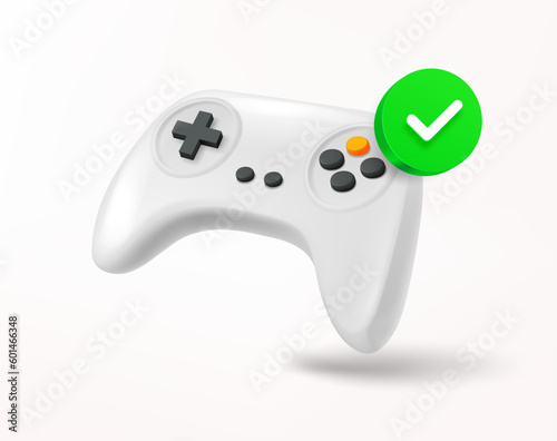 Gamepad with green checkmark. 3d vector icon