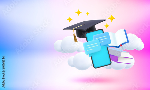 Back to school concept with graduation cap, smartphone and books. 3d vector banner with copy space