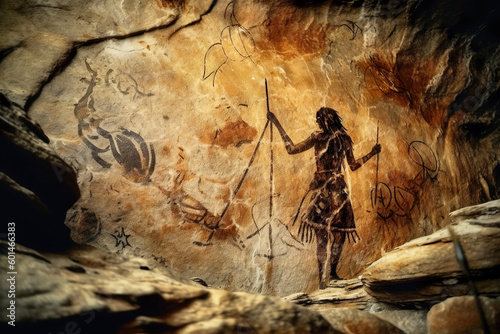 Höhlenmalerei Frau auf der Jagd mit einem Speer als Waffe photo