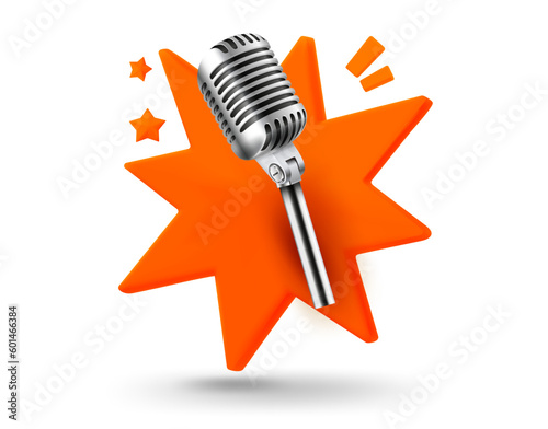 Broadcast microphone with explosion effect. 3d vector mobile application icon with notification