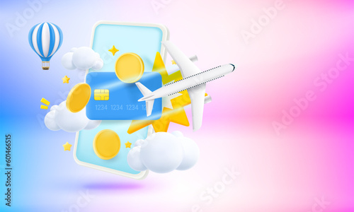 Digital online payment via modern smartphone. Bying tickets concept. 3d vector banner with copy space
