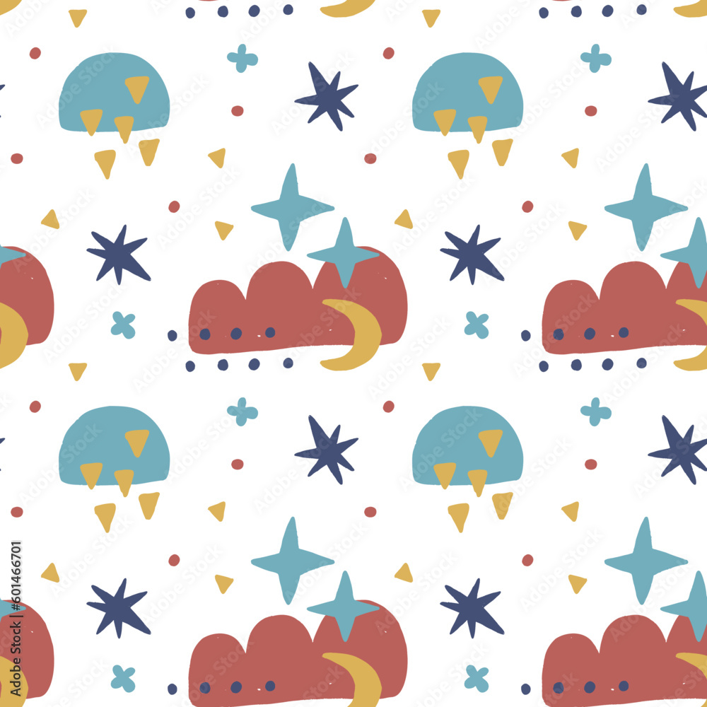 Naklejka premium Hand drawn seamless vector kids pattern with stars and moon on a white background