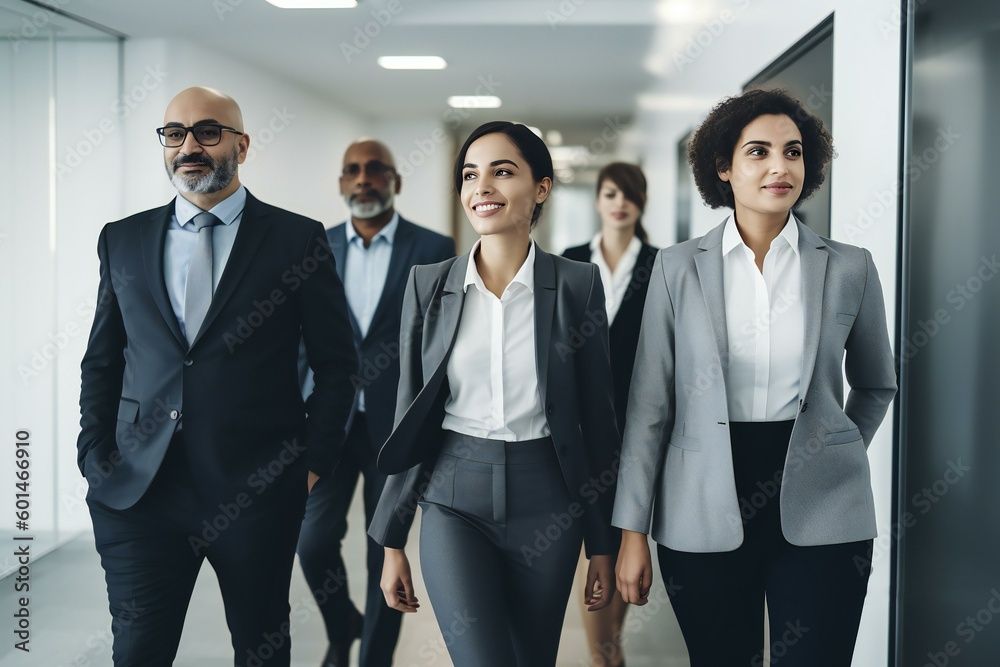 Team of corporate professionals discussing business in office corridor. Friendly atmosphere in team. Generative AI Team of corporate professionals discussing business in office corridor. Friendly atmosphere in team. Generative AI