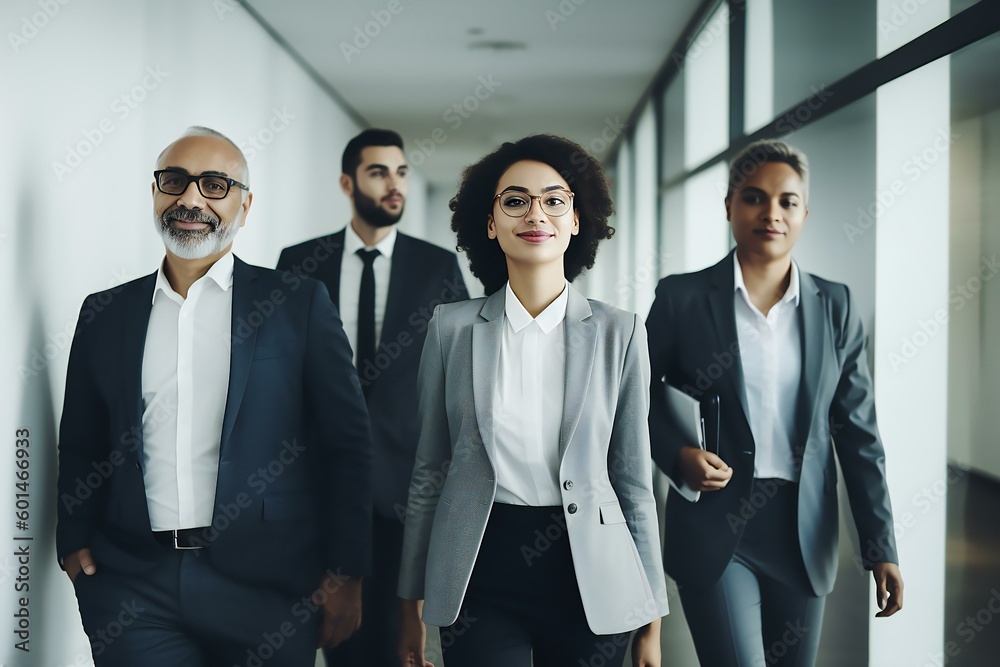 Team of corporate professionals discussing business in office corridor. Friendly atmosphere in team. Generative AI Team of corporate professionals discussing business in office corridor. Friendly atmosphere in team. Generative AI
