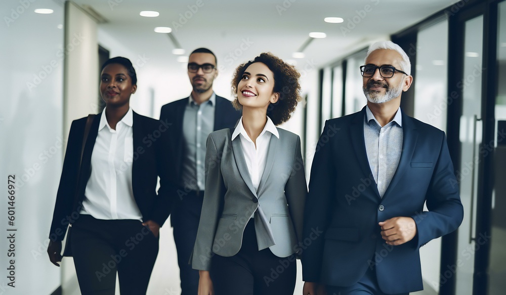 Team of corporate professionals discussing business in office corridor. Friendly atmosphere in team. Generative AI Team of corporate professionals discussing business in office corridor. Friendly atmosphere in team. Generative AI