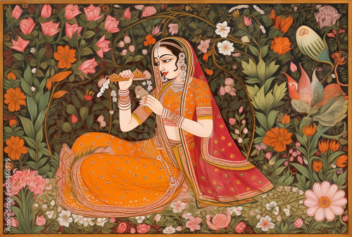 Folk Indian illustration of a woman in royal attire surrounded with decorative flowers. Generative Ai.