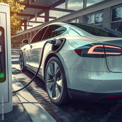 Closeup of an electric car at an EV charging station in the city, Generative AI image © Goodwave Studio