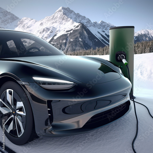 Closeup of a black electric car at an EV charging station in the snow covered mountains, Generative AI image