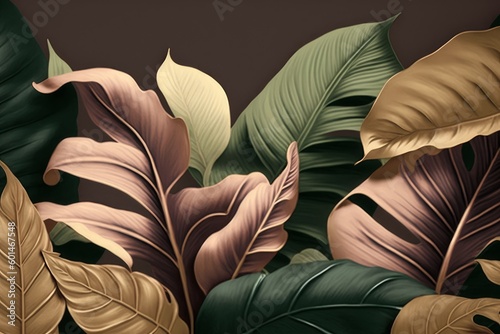 Vintage tropical green brown leaves, beige background, golden texture. Luxury mural, premium wallpaper. 3d painting illustration, watercolor design. Seamless border. Stylish cloth, Generative AI