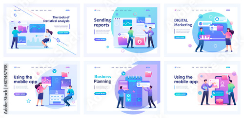 Collection of business landing pages. Men and women manage business processes, planning, digital marketing, strategies. Flat Cartoon characters