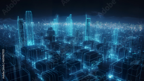 Futuristic digital city, matrix megapolis. Data transfer technology. Cyberpunk, Abstract technological background, bright neon lights