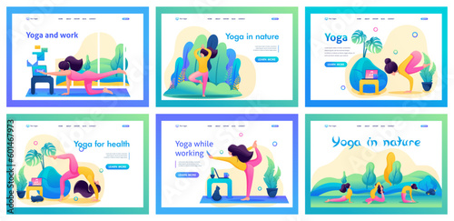 Collection of landing pages about meditation. The girl does yoga  meditates  pumps internal installations  money meditation  healing meditation
