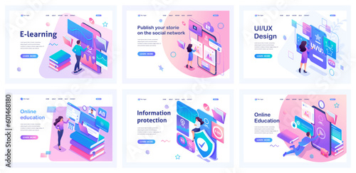 Collection of online training landing pages. People study remotely, courses, university, books. Isometric characters