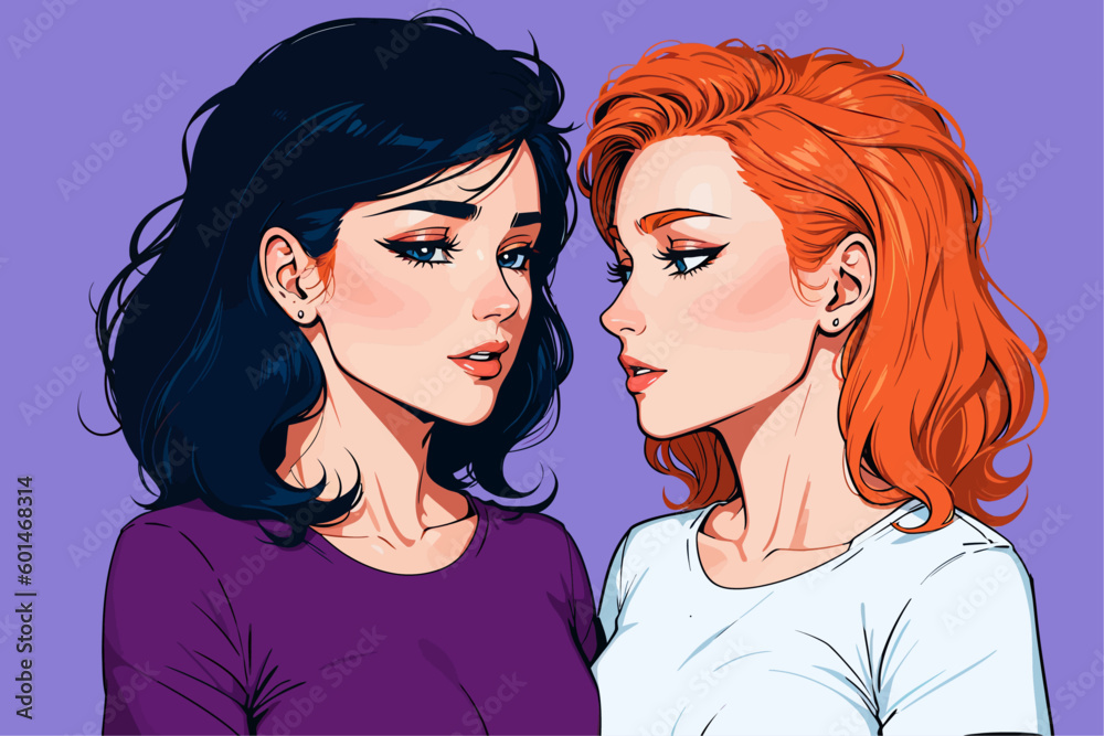 Lesbian women couple in love. Cartoon-style vector illustration. Girl friendship