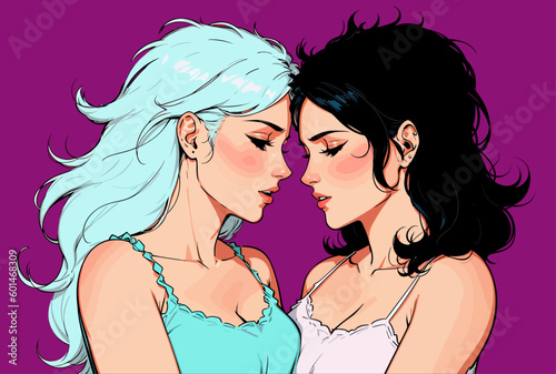 Lesbian women couple in love. Cartoon-style vector illustration. Girl friendship