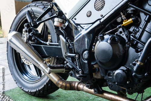 Detailed photo of high-capacity motorcycle engine with impressive strength and speed