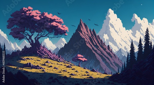 Pink trees with mountains 