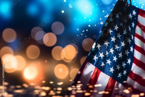 American Flag. Usa Flag waving outdoors, bokeh. 4th July - Independence day concept. High quality photo Generative AI