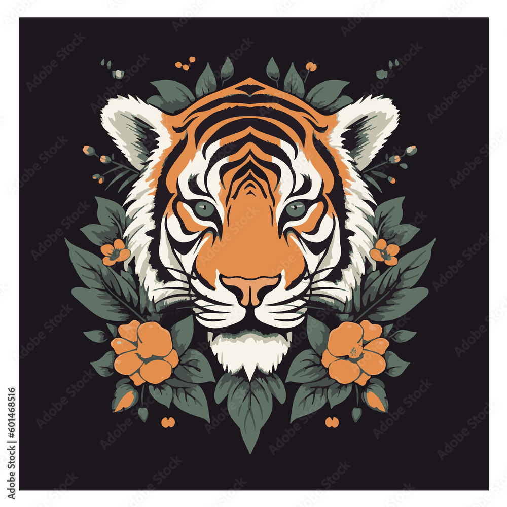 Tiger Face with Flowers Graphic Artwork
