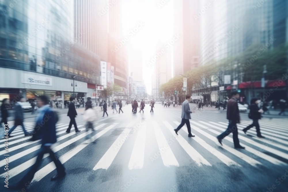 Obraz premium Rush hour in city. Unrecognizable people walking at city street, motion blur effect. Pedestrians at crossroad. Created with Generative AI
