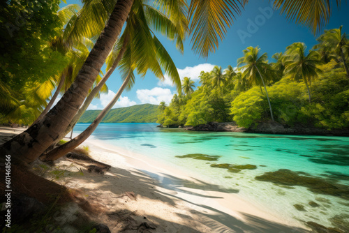 turquoise tropical beach with clear water surrounded by palm tree  summer holidays generative ai