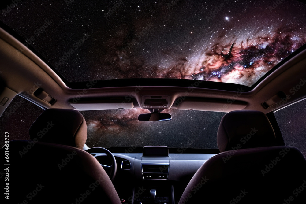 Car interior with galaxy and nebula background, first person view ...