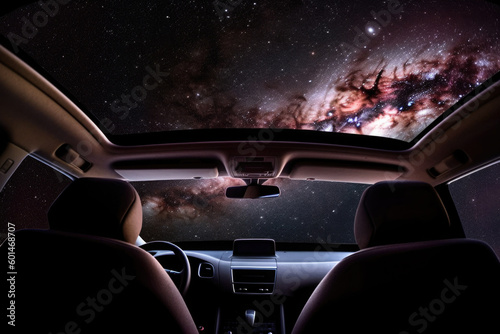 Car interior with galaxy and nebula background, first person view. Vehicle in space for futuristic travel. Creative spaceship. Created with Generative AI
