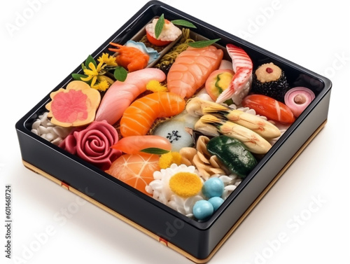 3D image of Japanese bento with interesting decoration isolated on white background. Bento is prepared with various types of food that can provide complete nutrition.