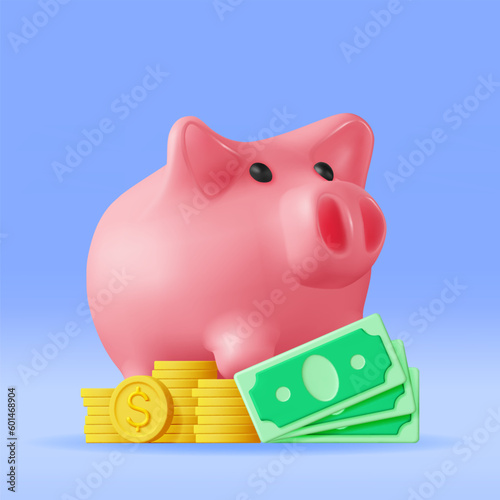 3D Piggy Bank with Coins and Banknotes. Render Plastic Piggy Bank for Money. Moneybox in Form of Pig. Concept of Cash Money, Business Deposit Investment, Financial Savings. Vector Illustration