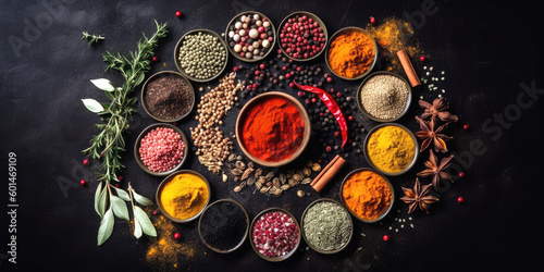 Colourful various spices and herbs for cooking on dark stone background, Generative ai