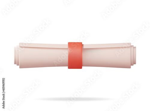 3D Diploma Paper Scroll Isolated. Render University Graduation Document with Ribbon. Certificate or Accreditation. Voucher or Invitation. Business Graduation and Education Concept. Vector Illustration