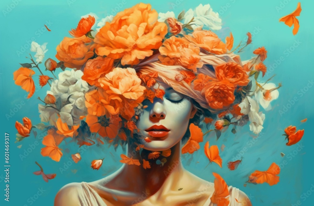 Portrait of young woman with flowers over her face, regenerative AI 