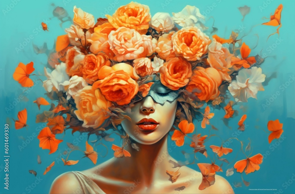 Portrait of young woman with flowers over her face, regenerative AI 