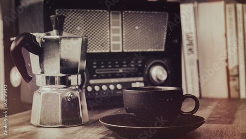 Moka pot  vintage radio  a black coffee cup and saucer on a brown wooden table  with books in the background  vintage look 