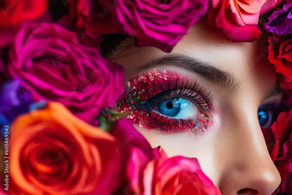 beautiful female eye makeup in flowers beauty care. generative ai