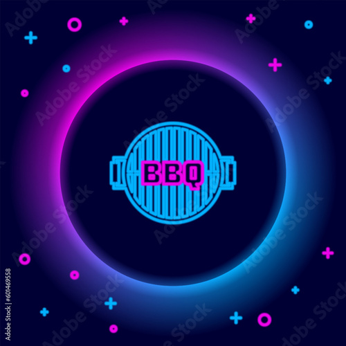 Glowing neon line Barbecue grill icon isolated on black background. Top view of BBQ grill. Steel grid. Colorful outline concept. Vector