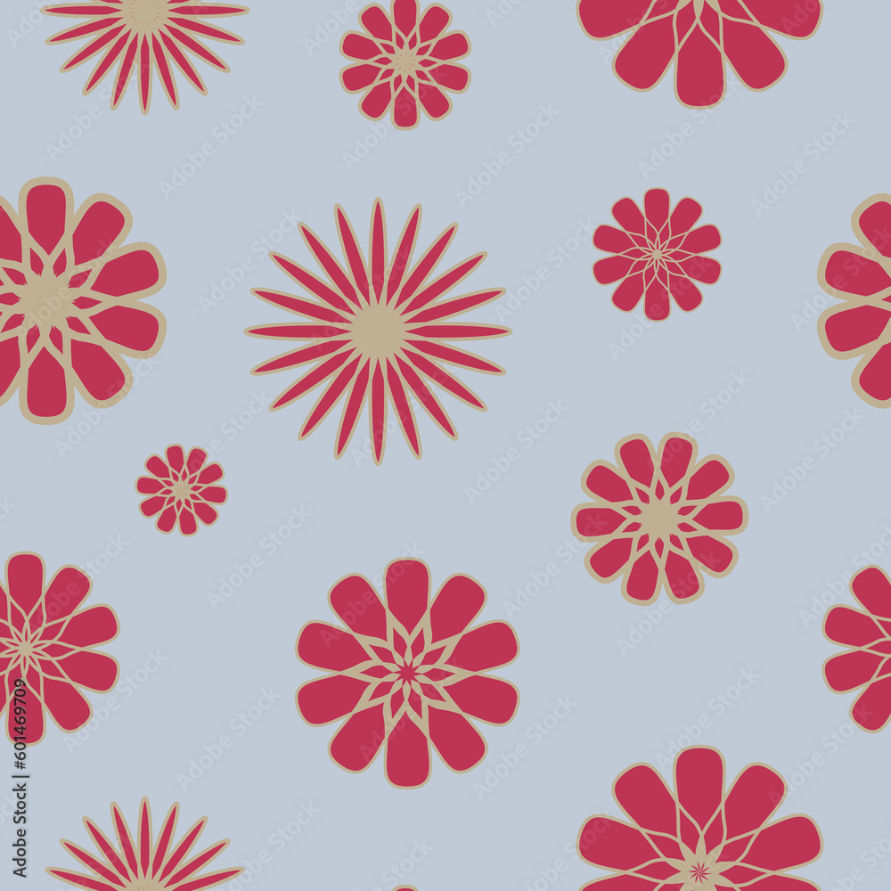 A seamless floral pattern in retro style, red daisies on a grey background, 70s style floral wallpaper