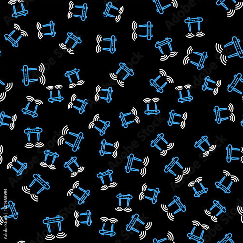Line Router and wi-fi signal icon isolated seamless pattern on black background. Wireless ethernet modem router. Computer technology internet. Vector