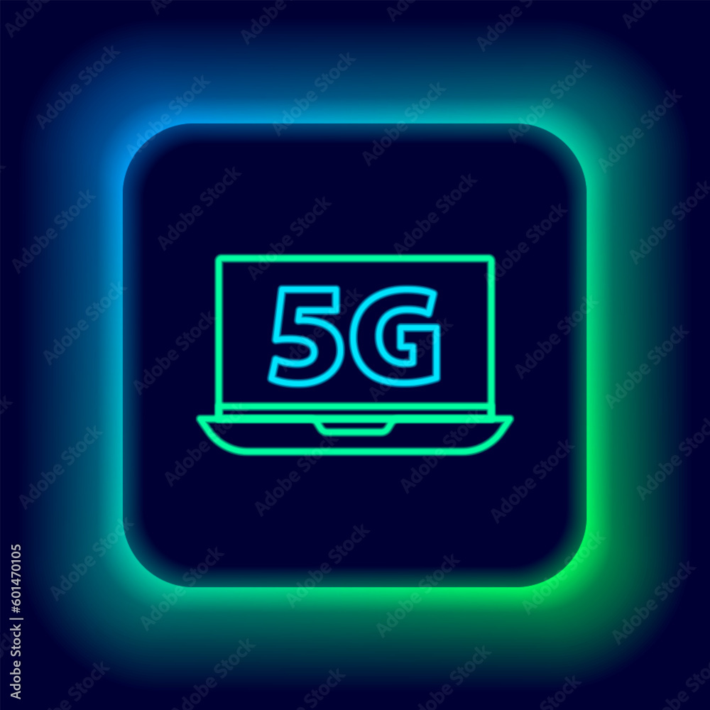 Glowing neon line Laptop with 5G new wireless internet wifi icon isolated on black background. Global network high speed connection data rate technology. Colorful outline concept. Vector Glowing neon line Laptop with 5G new wireless internet wifi icon isolated on black background. Global network high speed connection data rate technology. Colorful outline concept. Vector