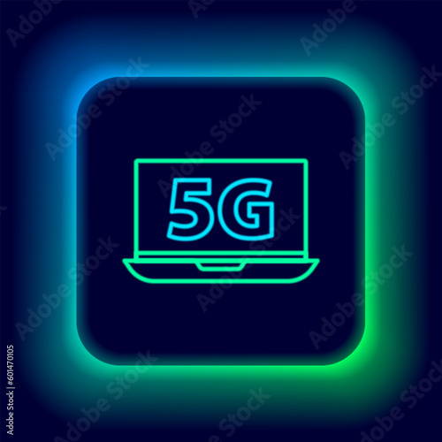 Glowing neon line Laptop with 5G new wireless internet wifi icon isolated on black background. Global network high speed connection data rate technology. Colorful outline concept. Vector