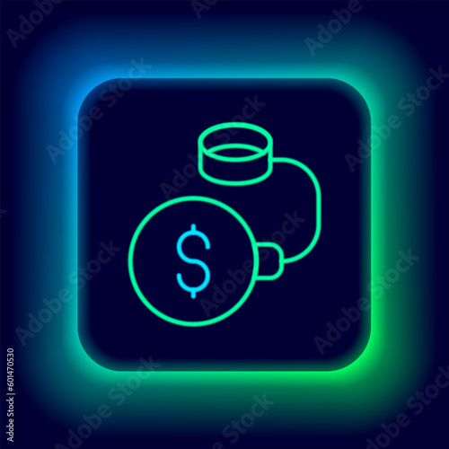 Glowing neon line Debt ball chained to dollar coin icon isolated on black background. Big heavy debt weight with shackles and money. Financial crime, fee, crisis. Colorful outline concept. Vector