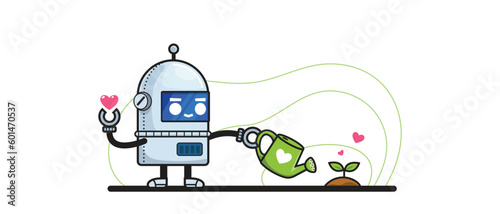 A Robot is watering a small plant. Isolated Vector Illustration.