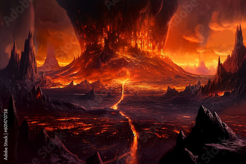 Muspelheim Realm of the Fire. A Volcanic Landscape from the Norse Pantheon. Fantasy Nordic Mythology and Viking Mythology. Generative AI