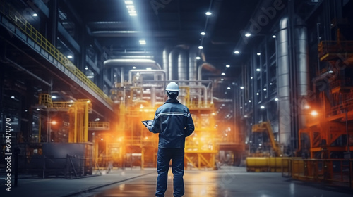 Chief Engineer in the hard hat walks through industrial factory while holding